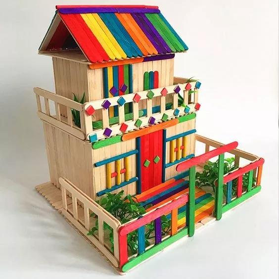 雪糕棒diy搭建漂亮小房子的造型方案  吃完的雪糕棍是不错的手工材料